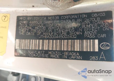 2004 Lexus Es 330 из США, поврежденный, VIN JTHBA30G445003432